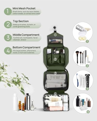 Carttiya Hanging Travel Toiletry Bag - Large Wash Bag for Men and Women, Waterproof Foldable Cosmetic Bag Make up Toiletry Bag with Hook for Business Trip, Gym, Vacation and Household (Army Green) — view 3