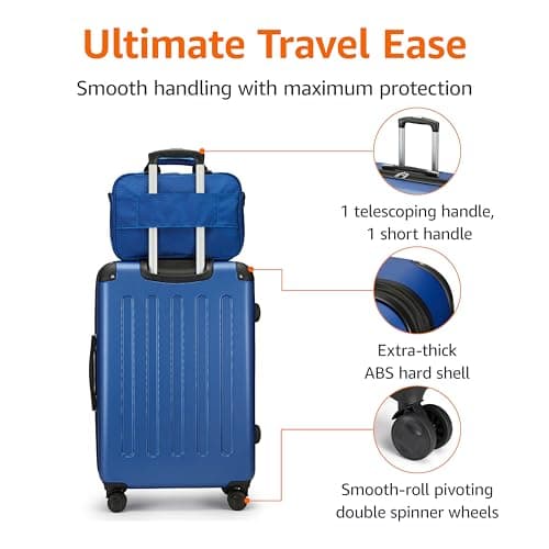 Amazon Basics Hardside Spinner Luggage Set, 4-Piece, Large Suitcase, Carry-On Suitcase, Tote Bag, Compact Travel Bag, Expandable, 4 Spinner Wheels, Navy Blue — view 3