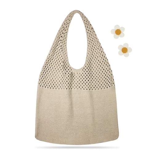 Kememo Crochet Tote Bag, Mesh Beach Tote Bag Knit Shoulder Bag Boho Casual Handbag for Shopping Travel School Work, Khaki