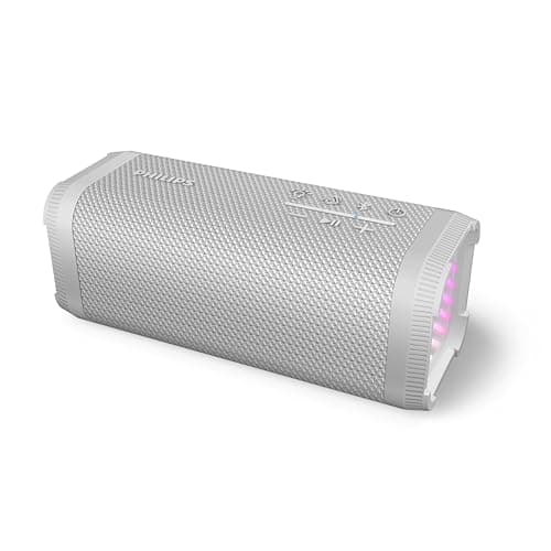 PHILIPS TAS2000WT Bluetooth Wireless Speaker with LED Lightshow, 20 W Bass+, Auracast, 20 Hrs Play Time, IPX5 Splash-Proof, USB Playback, Mic, App Control – White