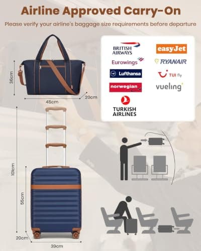 Kono Luggage Sets 3 Piece, Lightweight Cabin Suitcase Hard Shell ABS+PC Carry On Case with TSA Lock 4 Spinner Wheels, 20 Inch Trolley with Duffels Bag & Toiletry Bag Travel Set (Navy) — view 2