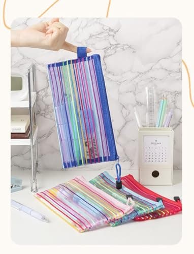1pcs Nylon Stripe Mesh Document Folders Zipper Closure File Bags Stationery File Storage Packing (Random Color) — view 4