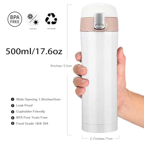 FAPPEN Double Walled Vacuum Flask Thermo, 500ml Stainless Steel Insulated Water Bottle, Flask for Hot and Cold Drinks, Travel Coffee Mug, Sports Water Bottle, Drinks Cup (White) — view 2