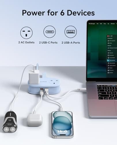 ORICO 65W GaN Travel Extension Lead with USB Slots (2 USB-A/2 USB-C), Flat Plug Power Strip with 2 Way Plug Extension Socket and 1.6M Extension Cord, Fast Charger for MacBook/iPad/iPhone - Blue — view 3