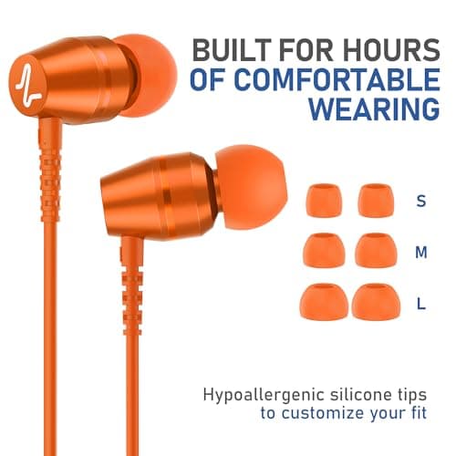 Ludos OMNITONE Wired Earbuds in-Ear Headphones, Earphones with Microphone, 5 Years Warranty, Noise Isolation Corded for 3.5mm Jack Ear Buds for iPhone, iPad, Samsung, Laptop, Gaming, Sports - Orange — view 6