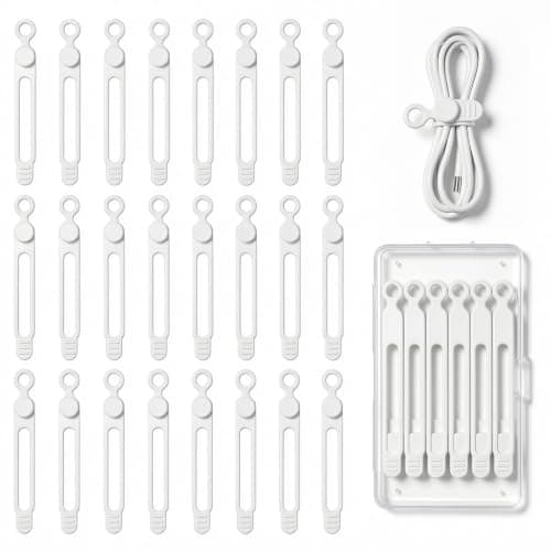 24PCS Reusable Silicone Cable Ties, Adjustable Cable Straps with Secure Buckle, Cord Organisers for Phone Chargers, Earphones, USB and Computer Cables, Home, Office and Travel Black White