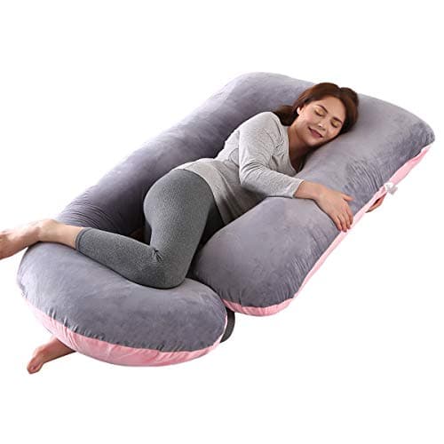 Pregnancy Pillows for Sleeping, Full Body Pillow Large U Shaped Upgrade and Maternity Support with Replaceable and Washable Velvet Cover (Pink and Grey-Velvet)