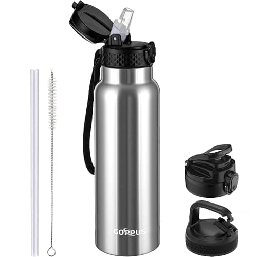 GOPPUS 750ml/26oz Stainless Water Bottle with Straw Double Wall Insulated Bottles with Strap Reusable Vacuum Thermal Flask Leakproof Keep Cold Drinks Bottles with Flip Top Lid BPA Free (Silver)