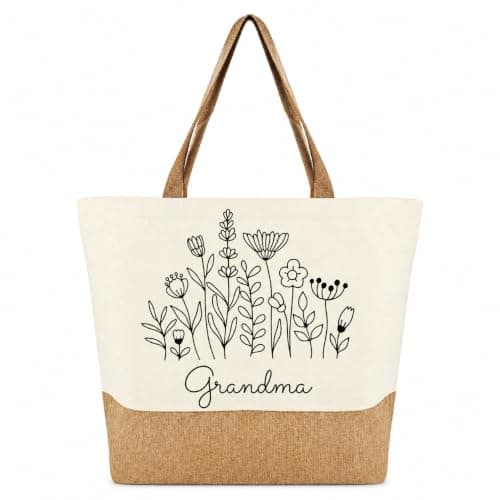 Grandma Birthday Gifts, Tote Bag Large Jute Shopping Bag with Floral Design, Grandma’s Day Gifts, Gift for Grandma Everyday Use Grandma Christmas Gift, Reusable Shoulder Bag for Shopping Picnic Travel