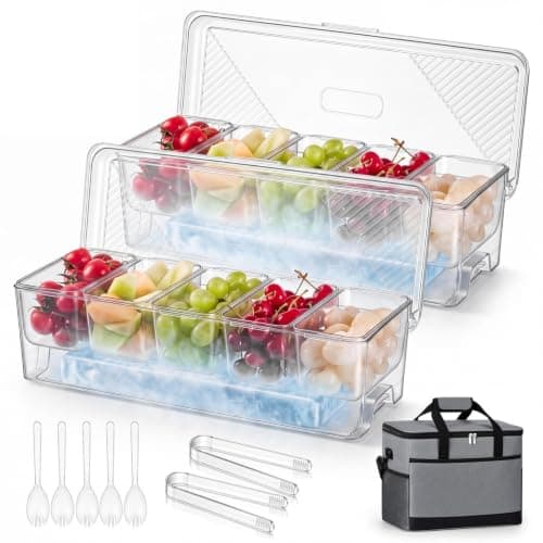 Patelai Chilled Condiment Box Container with Ice Pack and Insulated Bag, 5 Compartment Condiment Tray with Lids, Portable Chilled Snack Serving Set for Picnic, Camping, Road Trip