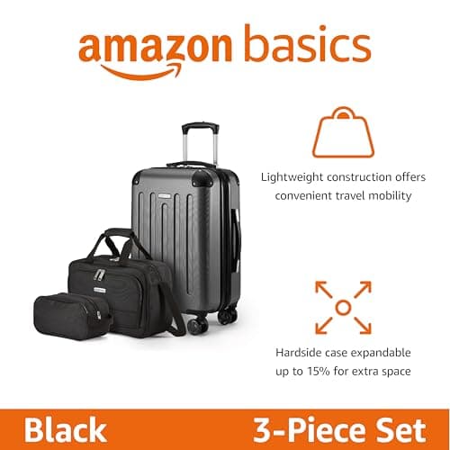 Amazon Basics Hardside Carry-On Spinner Luggage Set, 3-Piece, Carry-On Suitcase, Tote Bag, Compact Travel Bag, Expandable, 4 Spinner Wheels, Black — view 2