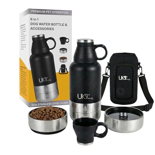UK9 6-in-1 Dog Water Bottle | Portable 32oz Stainless Steel Travel Bottle with Water Bowl, Snack Bowl, Poo Bag Dispenser, Cup & Carry Bag | Dog Walking Accessories Kit