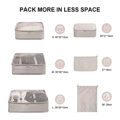 OSDUE Packing Cubes for Suitcases, 6 PCS Travel Luggage Packing Organizers Waterproof Travel Essentials Bag Accessories, Clothes Cosmetics Toiletries Storage Bags, Beige — view 2