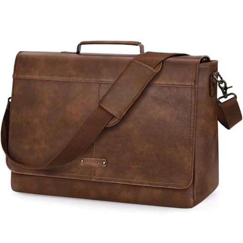 RAINSMORE Laptop Messenger Bag 15.6 Inch, Waterproof Vintage Vegan Leather Briefcase for Men, Large Professional Business Satchel, Work Shoulder Bag for Office University Travel & Computer Brown