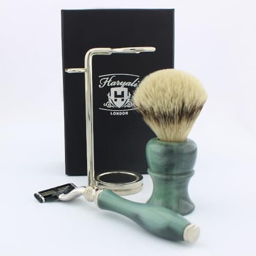 Haryali London, 3 Pcs Wet Shaving Set, 3 Edge Shaving Razor with Synthetic Silver Tip Shaving Brush & Shaving Stand – Luxury Men’s Grooming Kit for Wet Shave – Limited Edition Green Color — view 6