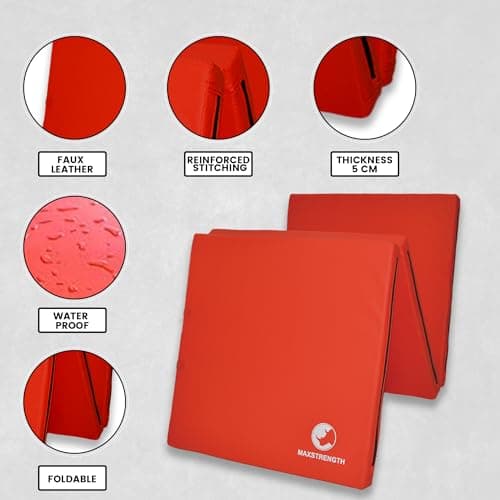MAXSTRENGTH Tri Folding Exercise Mat – Extra Thick Non-Slip Foam Mat for Gymnastics, Yoga, Home Gym, Pet Wellbeing & Children’s Nurseries – Portable with Carry Handle (Red) — view 3