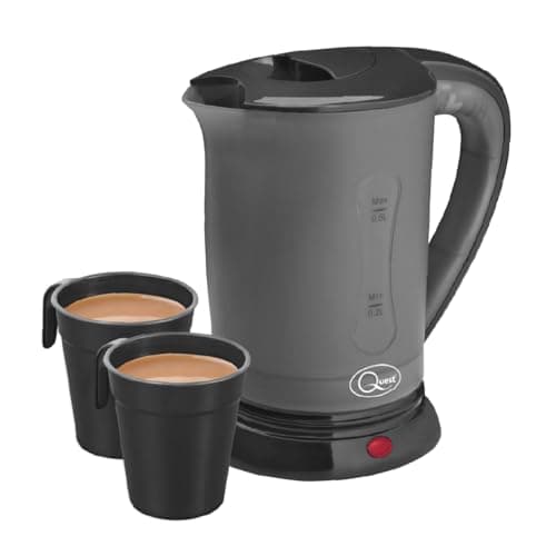 Quest Black Compact Travel Kettle, 0.5 Litres, 600 Watt & Dual Voltage for Worldwide Use, Includes 2 Lightweight Cups, Auto Cut-Off Switch, Fits in Bags & Suitcases (35690)