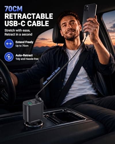 88W Retractable Car Charger - 12V Cigarette lighter Adapter with USB C Cables, Fast Charging for iPhone 17/16/15/14/13/12/11/xr/Google/Samsung/iPad, Car Accessories Practical Gifts for Men Dad Husband — view 3