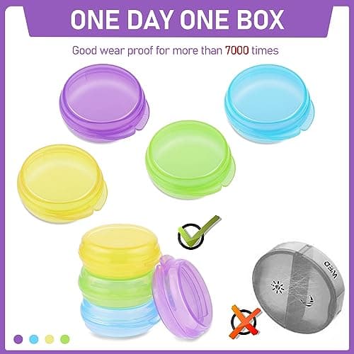 WLLHYF Small Pill Box, Cute Pill Case Portable for Pocket Purse Daily Round Mini Pill Organizer Travel Pill Case Medicine Storage Container Earplug Case 4 Pack (4pcs-Blue/Yellow/Green/Purple) — view 5