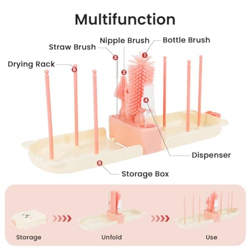 Vicloon 6 in 1 Baby Bottle Brush Set, Travel Bottle Cleaner Kit with Silicone Bottle/Nipple/Straw Brush, Soap Dispenser, and Drying Rack, Baby Travel Essentials (Pink) — view 6