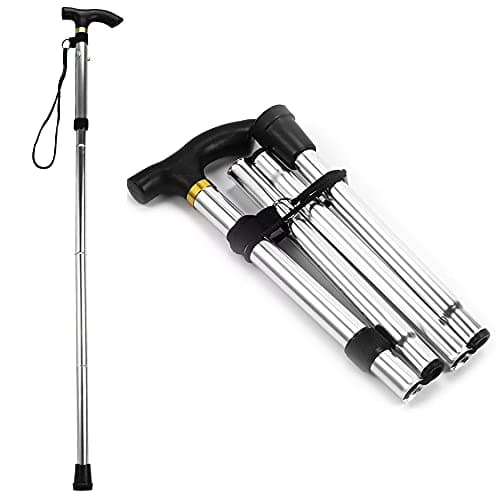 PLASTIFIC Walking Stick, Easy Adjustable Height Folding Extendable Walking Cane, Lightweight Flexible and Durable Walking Aid Mobility Aid Collapsible Walking Stick (Silver)