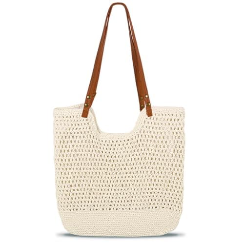 Crochet Beach Bags for Women, Large Capacity Summer Woven Beach Tote Bag Handbags Shoulder Bag, Handmade Boho Casual Knit Tote Bags for Beach Travel Holiday Vacation Work Shopping Daily Use (Beige)