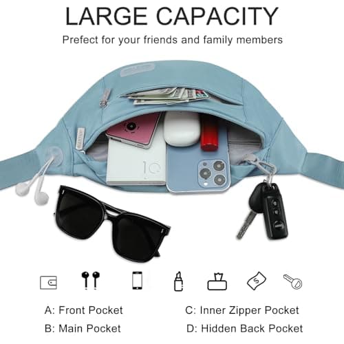 MAXTOP Large Bumbag Waist Fanny Pack Running Belt for Men Women Unisex Bum Bag with Headphone Jack and 4-Zipper Pockets Adjustable Belt for Travel Running Jogging Workout Hiking Gifts Dusty Blue — view 3