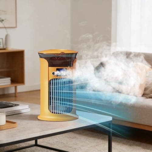 Portable Air Cooler Fan with Dual Mist, 3-Speed Cooling, USB Powered Mini Air Cooler with 7-Color LED Lights, 880ml Water Tank with LED Display, for Bedroom, Office, Travel, Quiet & Compact (Yellow) — view 3