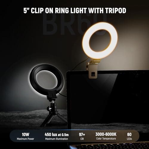 NEEWER BASICS 5" Ring Light for Video Conference Lighting, Clip on Light Kit with Desk Tripod Stand for Monitor Laptop Computer Zoom Call Live Streaming Remote Working Learning Video Recording, BR60 — view 2
