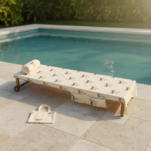 OHS Bow Print Sunbed Towels with Pockets Quick-Dry Absorbent Large Beach Towel in a Bag & Beach Pillow Inflatable Sun Lounger Bolster Pillow Microfibre Travel Summer Holiday Essentials Bundle, Mono — view 4
