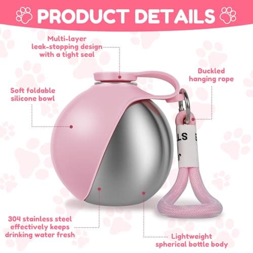2 in 1 Portable Dog Water Bottle for Walking, 285ML Stainless Steel Bottle with Silicone Bowl, Foldable Leak Proof Dog Water Bottles for Travel Hiking Park Visit (pink) — view 5