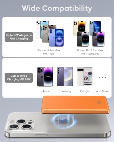 2026 Power Bank for Magsafe, Ultra Slim 5000mAh 20W Fast Charging Powerbank Wireless Magnetic Portable Charger,USB C in&Out PD Phone Battery Pack,for iPhone 12/13/14/15/16/17 Air Mini Plus Pro,Orange — view 5