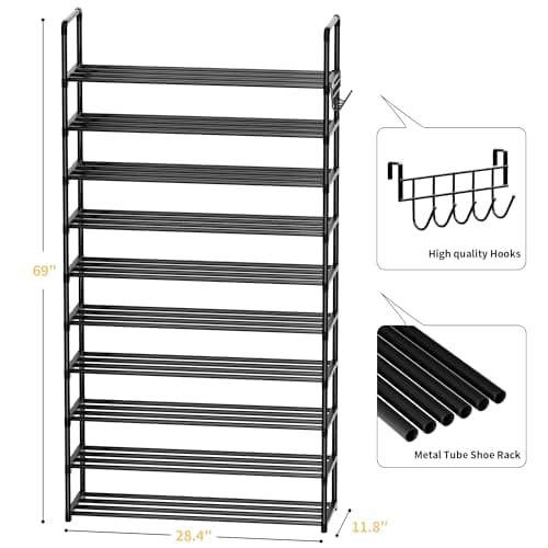 SPUSEN Metal Shoe Rack, 10 Tier Shoe Storage Organizer with Hooks,Fit 40-45Pairs Shoes,Metal Tall Shoe Shelf for Closet,Entryway,Garage,Bedroom,Cloakroom — view 3