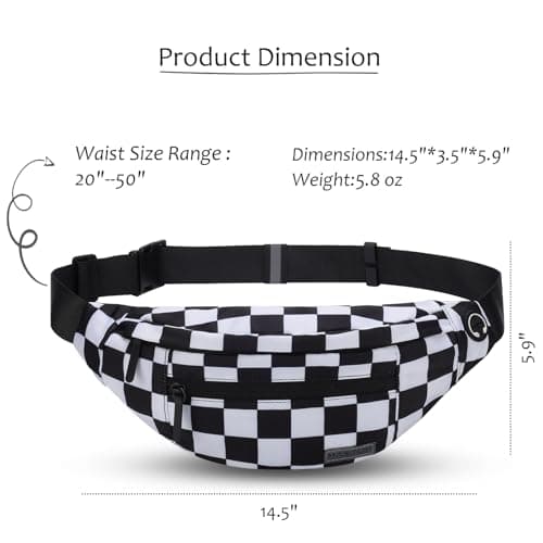 MAXTOP Large Bumbag Waist Fanny Pack Running Belt for Men Women Unisex Bum Bag with Headphone Jack and 4-Zipper Pockets Adjustable Belt for Travel Running Jogging Workout Hiking Gifts Checkered — view 5