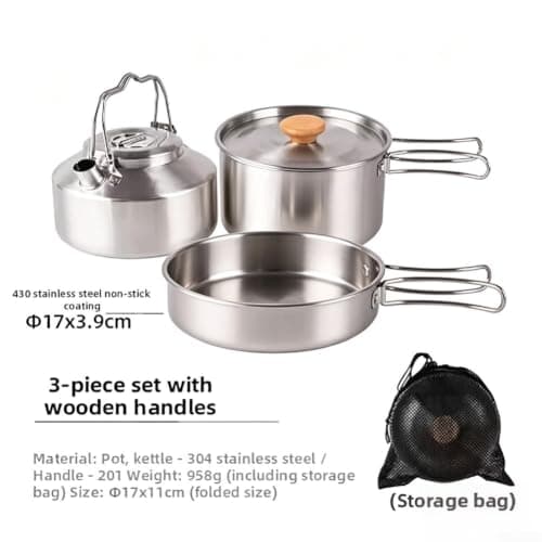Stainless Steel Camping Cookware Set 3-Piece Non-Stick Outdoor Nesting Pot Pan Kettle Set Stainless Steel Camping Cookware Kit 3pcs Non-Stick Frying Pan Compact Stainless Steel Pot Set 16x16x23cm — view 2