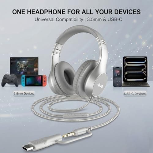 Zollexa Wired Over-Ear Headphones, Mic, 3.5mm Jack, USB-C Adapter, Silver — view 5