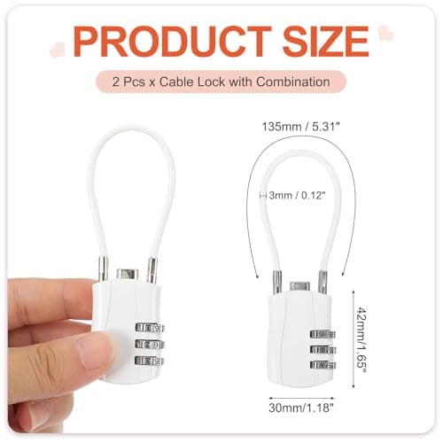 sourcing map 2 Pcs Luggage Travel Lock, 3 Digit Cable Combination Lock 30mm Width Body with 13.5cm Long Cable for Suitcase Bag Cabinets Small Fences Gym, White — view 2