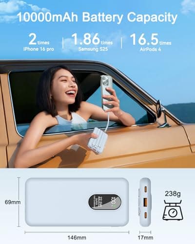 Odetrik 10000mAh Power Bank 22.5W Fast Charging Portable Charger Type-C In/Out 5 Outputs 3 Inputs with Built-in Cables Slim LCD Display Battery Pack for Smartphone Tablet and More (Blue) — view 2
