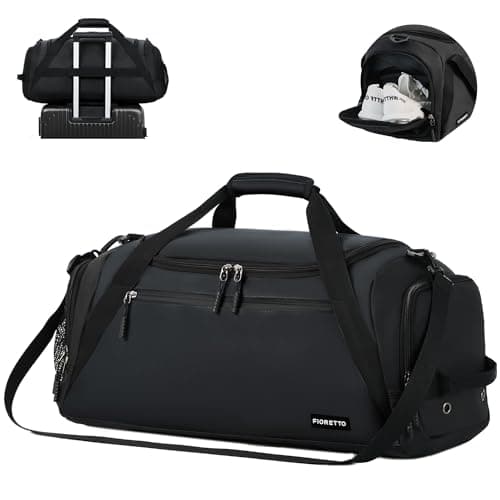 FIORETTO 43L Mens Sports Gym Bag with Wet Pocket & Shoe Compartment, Travel Duffle Bag Overnight Bag with Padded Shoulder Strap, Water-Resistant Holdall for Swimming, Basketball, Football Black
