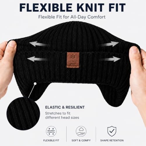 Beanie Hat Men with Ear Covering, Winter Hats for Men, Wooly Style Cap, Thermal Hat Mens Fleece Lined, Warm Ribbed Knit Headwear for Outdoor Travel & Daily Wear Black — view 4