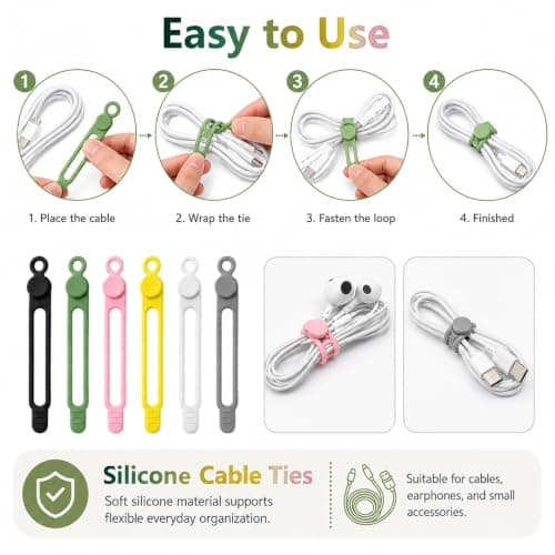 12 Pack Silicone Cable Ties Reusable Cord Organiser Multi-Colour — view 6