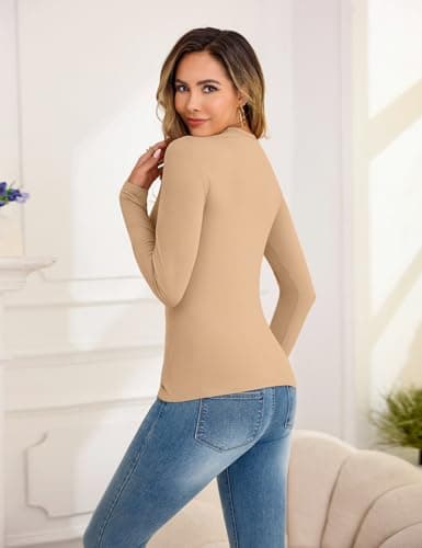 Aottori Womens Long Sleeve Base Layer Tops Ladies Round Neck Basic Underwear Cotton Lightweight Thermal Slim Fitted Pullover Tunic Top Khaki M — view 4