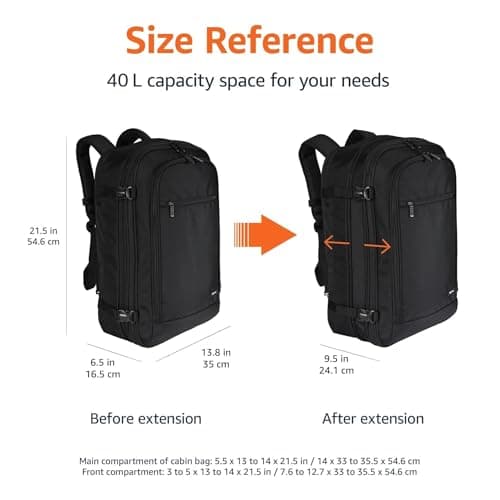 Amazon Basics 40L Travel Backpack, Cabin Hand Luggage (51x38x20cm), Padded Straps, 17" Laptop Compartment, Organized Pockets - Black — view 3