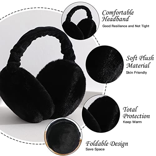 IHCEMIH Ear Muffs, Women Earmuffs Winter Accessories Fluffy Plush Foldable Adults Outdoor Thermal Ear Warmer Skiing Running Ears Covers Protector from Wind Cold Gift for Girls Ladies Black. — view 3