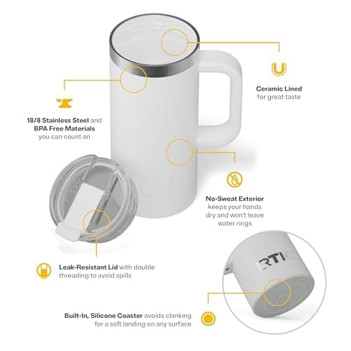 RTIC Road Trip 473 ml Travel Mug with Lid and Handle, Ceramic Liner, Insulated Stainless Steel, Metal, Double Wall Vacuum Insulation, Portable Coffee Mug, Tea Cup — view 3