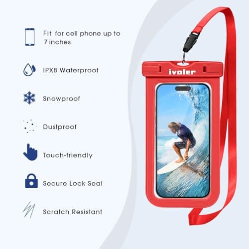 ivoler [2 Pack Waterproof Phone Case & Pouch Set, IPX8 Dry Bag with Waist Strap for Beach, Swimming, Kayaking, Fits iPhone 17 16 15 Pro Max, Samsung S26 S25 Ultra, Up to 7.0" - Bright Red — view 3