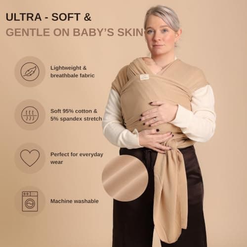 RYLOOBABY Baby Sling Carrier & Stretchy Baby Wrap – Newborn Baby Carrier 3.2–15 kg, Soft Cotton Hands-Free Babywearing Sling, Hip Healthy, One Size XXS–XXXL – Warm Beige — view 4