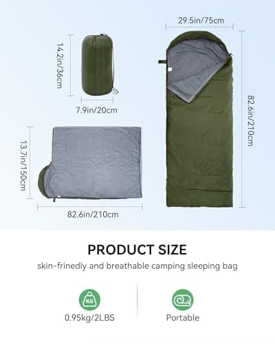 Warmiehomy Sleeping Bag for Adults, 3 Seasons Ultralight Rectangular Sleeping Bags with Snug Drawcord Hoood, Warm Camping Quilt with 2 Pull Tab Zipper for Hiking, Fishing, Backpacking(Army Green) — view 2