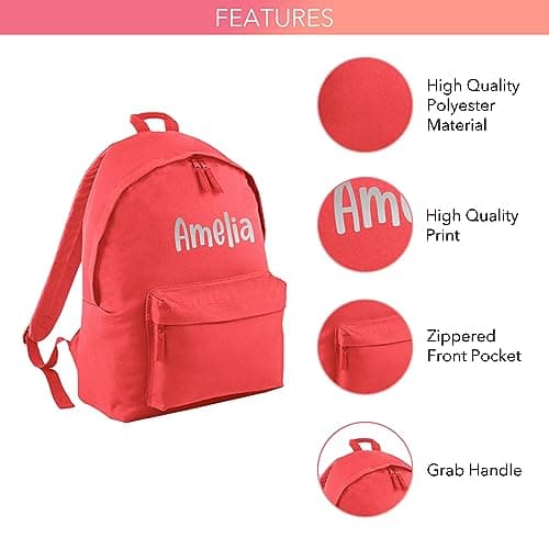Print Maniacs Personalised School Backpack Large 18L Kids Travel Rucksack Junior Shoulder Collage Rucksack Back To School Girls Boys Lunch Swimming P.E Laptop Book Bag Name (Coral) — view 3