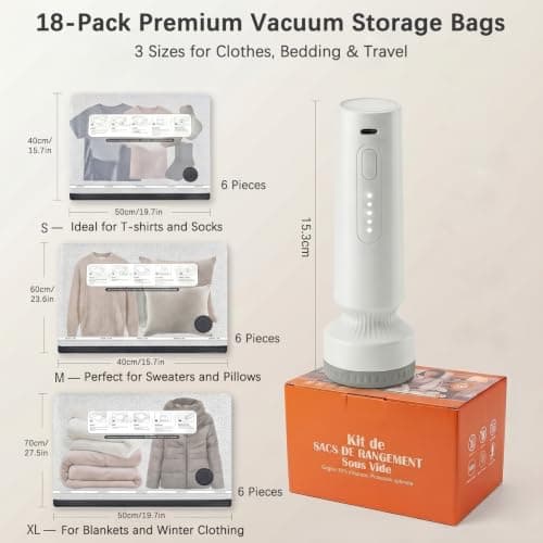 Vacuum Bags for Clothes with 60000Pa Electric Pump, Pack of 18 (6 x 40 x 50 cm, 6 x 40 x 60 cm, 6 x 50 x 70 cm), Extra Thick Vacuum Bags Travel Suitcase Hand Luggage Space Saver Bags Moving Wardrobe — view 2